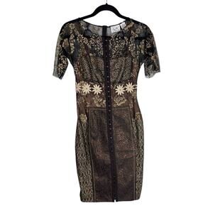 Byron Lars Chocolate Brown & Metallic Bronze Gold Midi Party Dress Size 2P